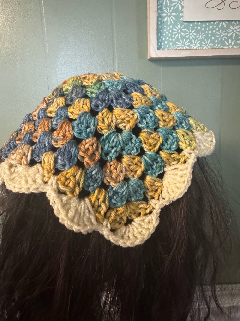 Handmade Crochet hair banana in Teal, Mustard & Cream